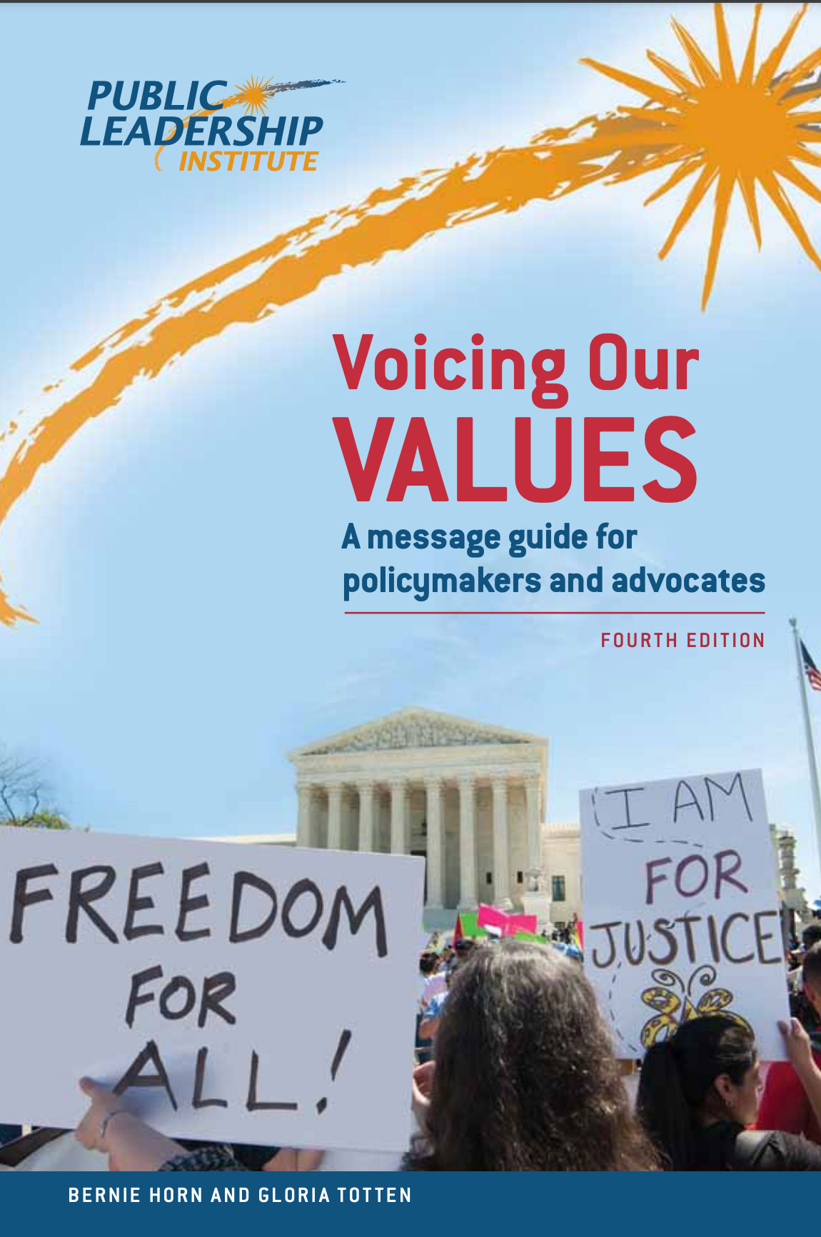 Cover of a book called Voicing Our Values withe protestors and signs in front of a government building.